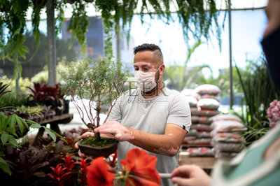 男人在花园商店买植物照片摄影